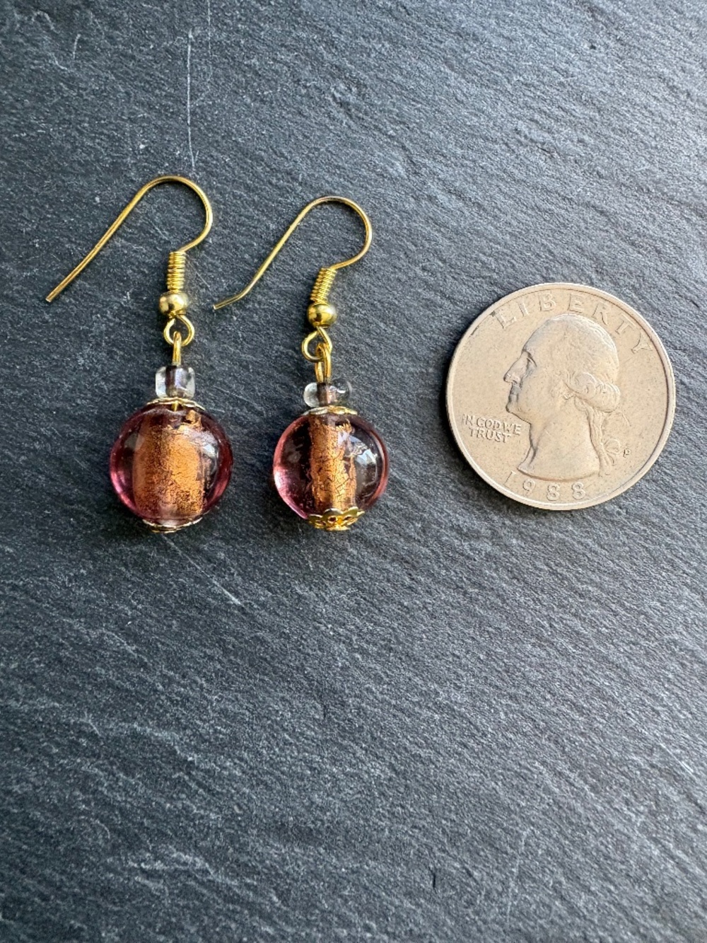 Vintage Murano Glass Gold Foil Earrings Pink Venetian Lampwork Drop Dangles - Picture 3 of 6